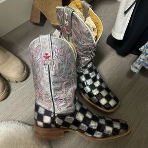 Tin Haul Checkered Shiny Metal Cowboy Boots